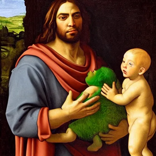 Prompt: Renaissance painting of Shrek as Jesus holding an infant Kanye West