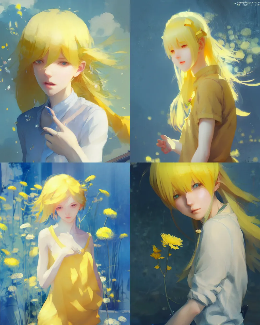 Prompt: girl with yellow hair and blue clothing, flower decoration on the background, a beautiful half body illustration, top lighting, perfect shadow, soft painting, art by hidari and krenz cushart and wenjun lin