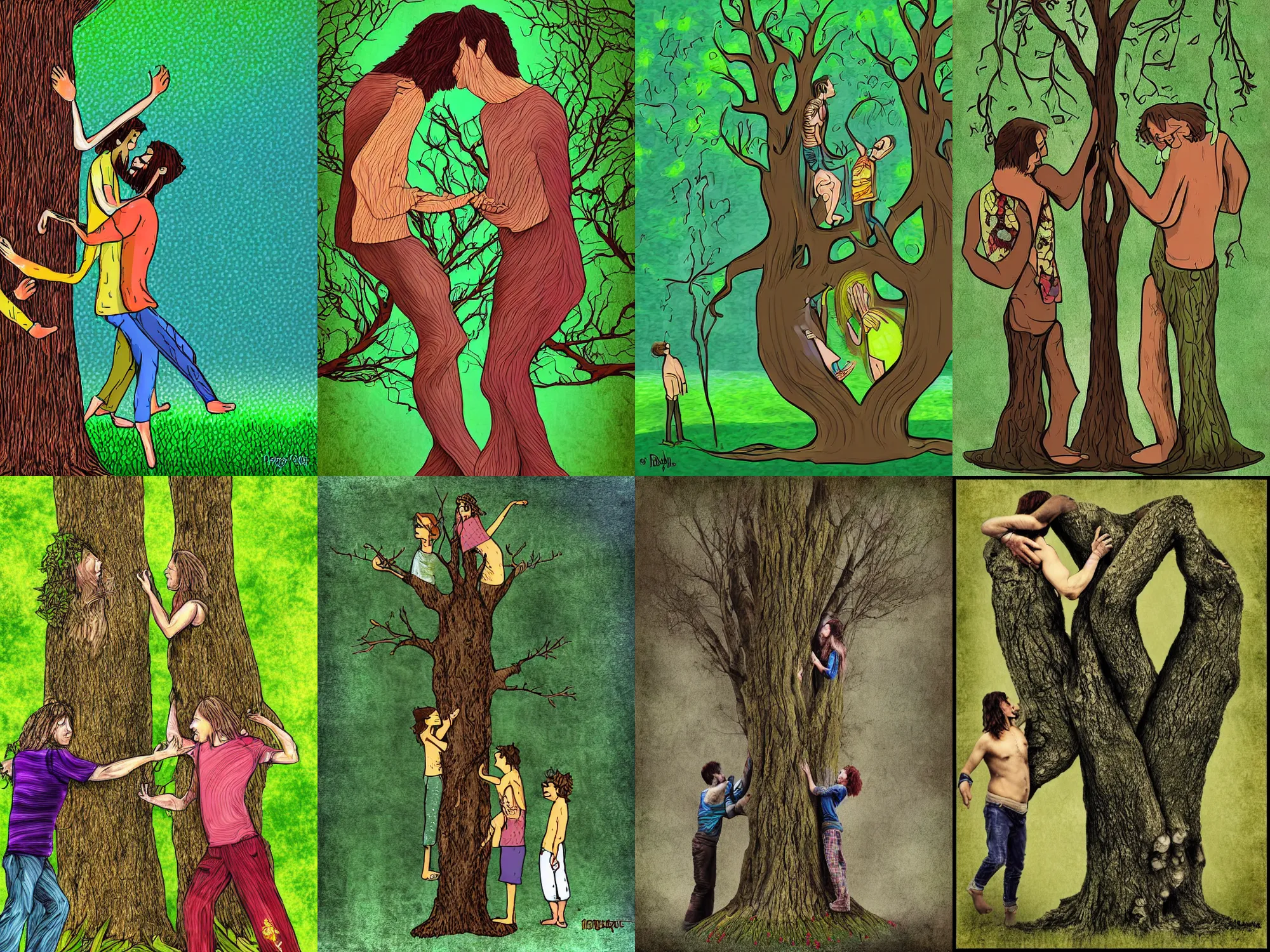 Prompt: two hippies arguing over who's turn it is to hug the tree, so they're both hugging the same tree, digital art