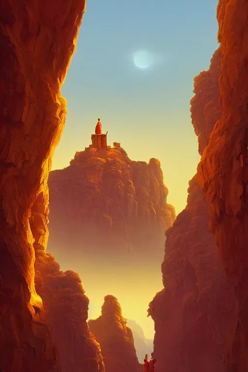 Image similar to ancient temple carved into canyon walls, monks standing around golden statue glowing yellow, light streaks in the sky, eclipse, dramatic lighting, artstation, matte painting, ralph mcquarrie, simon stalenhag