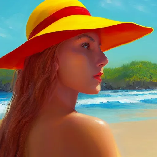 Image similar to beautiful oil matte portrait painting, young woman with red dress and mustard yellow summer hat at a beach on a sunny day, wonderful masterpiece highly detailed, beautiful cinematic light deep focus, elegant, digital painting, smooth, sharp focus, golden ratio, dramatic illumination, ultra realistic, 8 k, art by jimmy law