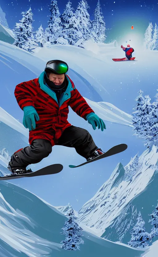 Prompt: Rodney Dangerfield snowboarding, high details, 4k, 8k, trending on artstation