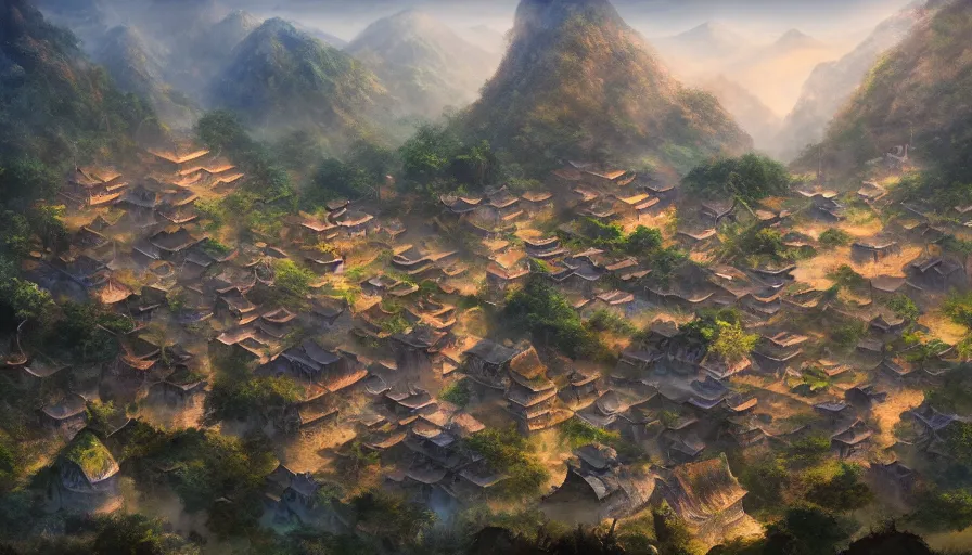 Image similar to matte painting of a beautiful tai village, digital art, trending on artstation