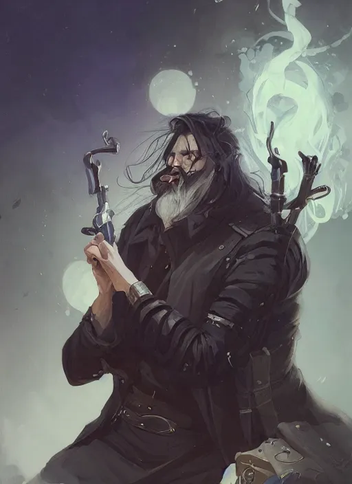 Prompt: low angle picture of a weapon master, holding a ego weapons to the camera, long black jacket, neat white beard and hair, bored, tired, ego weapons all over the place, smoking with squat down pose, highly detailed face, deep eyes, intricate, masterpiece, epic fantasy illustrations by peter mohrbacher and anato finnstark and jeremy lipking