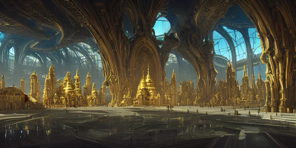 Image similar to cel shaded cinematic shot of the interior of a sci-fi space station with ornate architecture with a giant golden statue in the middle, bustling with people and flying cars, epic castle, gothic architecture, emerald, crystalline, detailed illustration, sharp focus, concept art, unreal engine, octane render, god rays