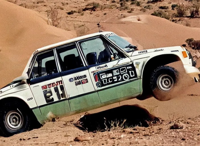 Image similar to a volvo 2 4 4 stuck in the desert during paris dacar rally