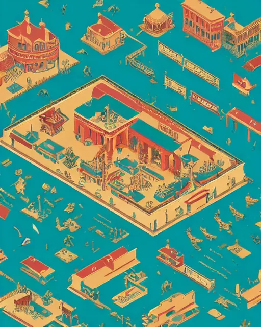 Image similar to western town, 1900, teal coral and gold leaf colours, intricate detail, infographic in the style of isometric Wes Anderson