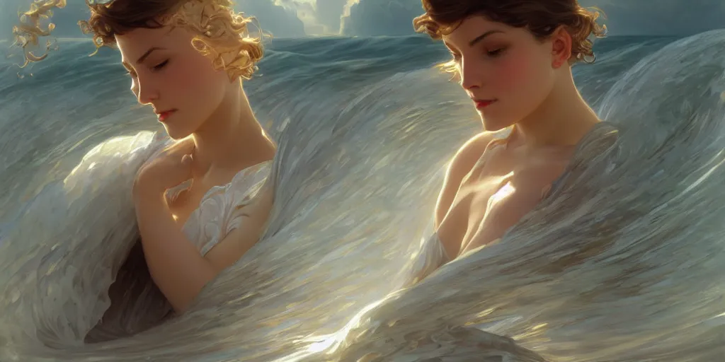 Image similar to inside the curl of a wave, elegant, highly detailed, digital painting, artstation, concept art, smooth, sharp focus, illustration, ArtStation, art by artgerm and greg rutkowski and alphonse mucha and J. C. Leyendecker and Edmund Blair Leighton and Charlie Bowater