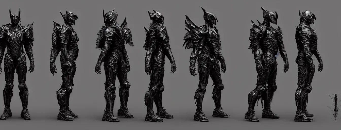 Image similar to winged infernal batwing armor suit humanoid character sheet, elden ring themed dark sf, intricate artwork masterpiece, ominous, dramatic horror cinematic lighting, volumetric 8 k, by josan gonzalez, alexey egorov, kilian eng, trending on cgsociety, octane render, 8 k