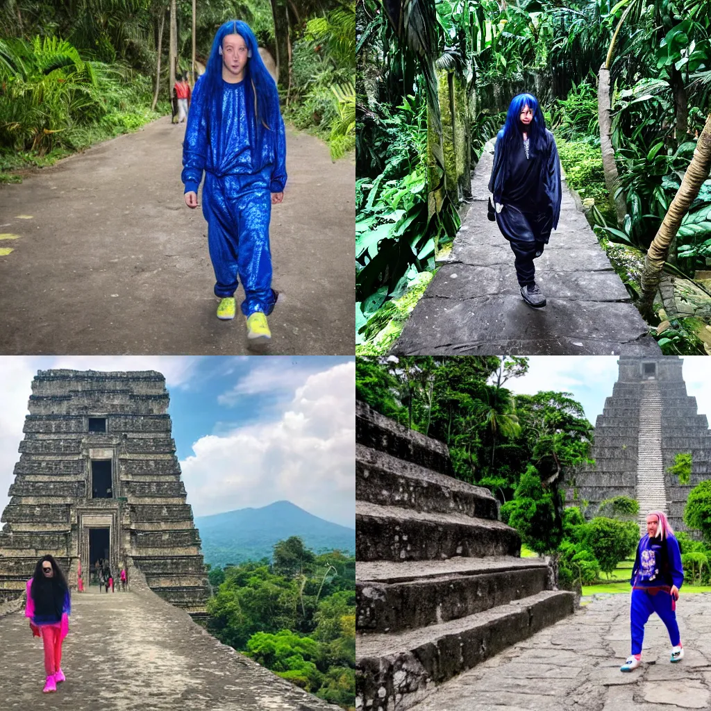 Prompt: Billie Eilish walking in Guatemala's Tikal