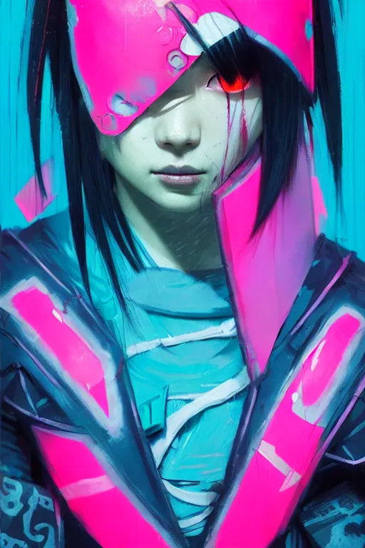 Image similar to stylized japanese girl : ninja - cyberpunk, wearing urban techwear, and armor, painted in acrylic, in the colors hot pink and cyan, beautiful realistic face, spotlight, by greg rutkowski, by jeremy mann, by francoise nielly, by van gogh, by ross tran, in focus