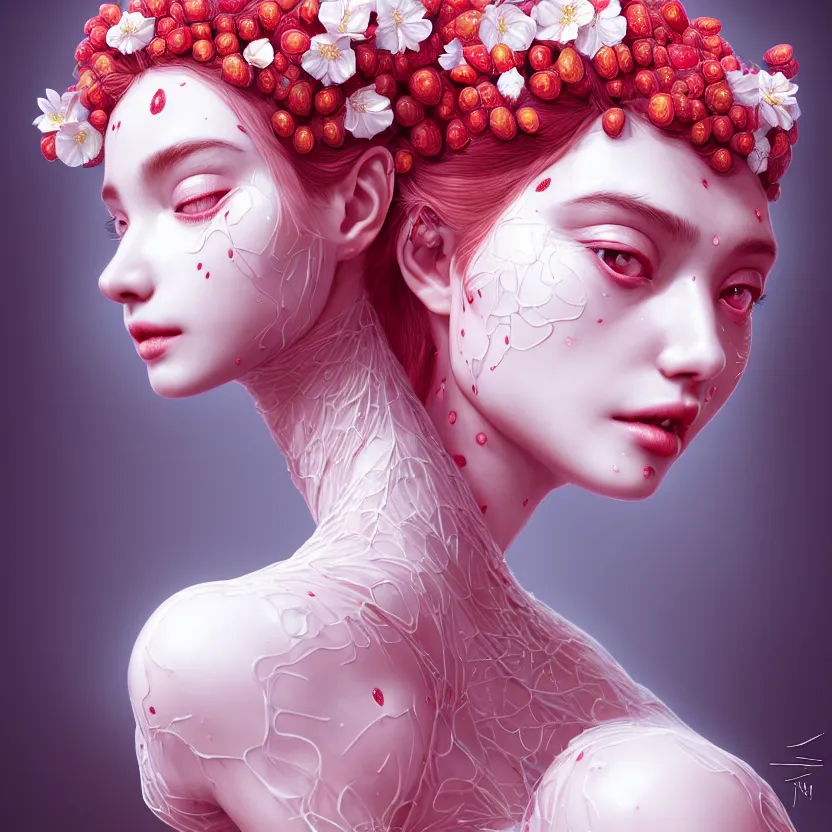 Prompt: the face of absurdly beautiful, graceful, elegant, sophisticated, gravure idol made of strawberries and white pink petals with tears, an ultrafine hyperrealistic illustration by kim jung gi, irakli nadar, intricate linework, bright colors, street fighter 2, final fantasy, unreal engine highly rendered, global illumination, radiant light, intricate environment, 4 k,