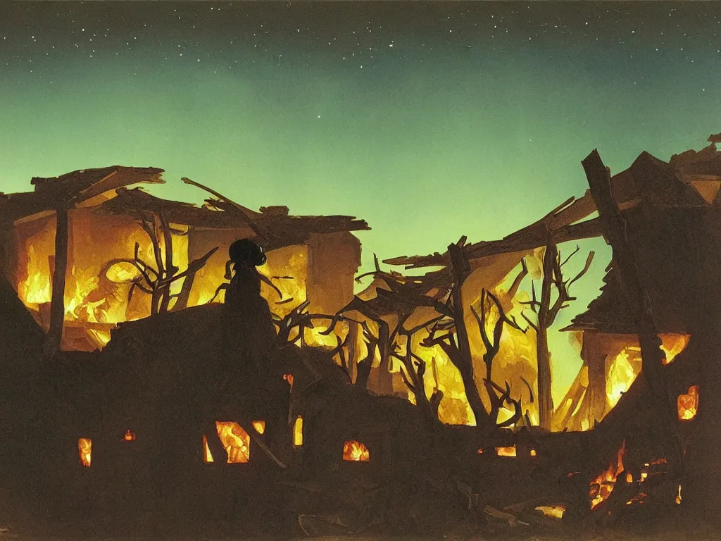 Image similar to Woman looking at her home burning. Charred wood beams, thick smoke. Melancholic landscape, stars. Painting by Georges de la Tour, Roger Dean