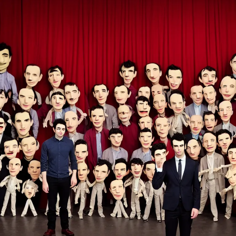 Prompt: focused dslr medium shot photograph of nathan fielder standing in front of dozens of nathan fielder puppets on strings from nathan for you on comedy central on a stage with a red curtain, meta, fractal, trippy, high detail!!! 8 k!!!!, photorealism!!!, sharp focus!!! coherent!!!