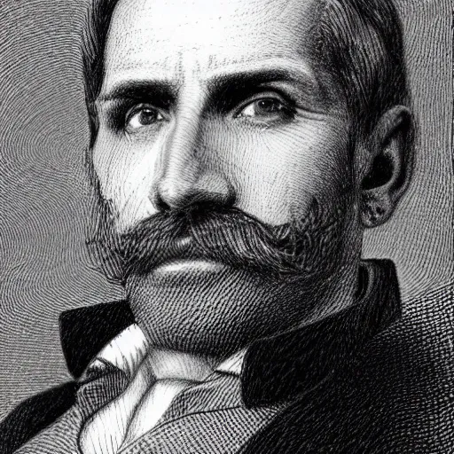 Image similar to A crosshatched portrait drawing of Jerma985 with a pyramidal mustache in the mid-late 1800s, cross haching, crosshatching, mid-late 1800s, grainy, realistic, hyperrealistic, very realistic, highly detailed, very detailed, extremely detailed, detailed, trending on artstation