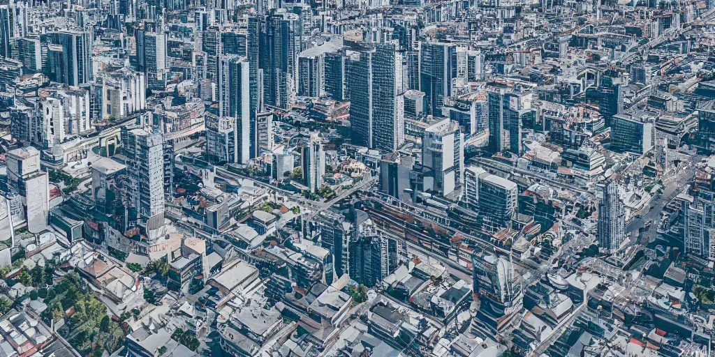 Image similar to drone view of a city with a large road through, Brutalist architecture,sharp focus,telephoto lens,3D digital art 4k