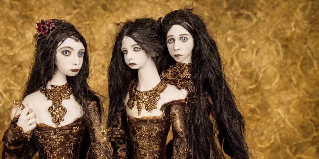 Image similar to photo taken of an epic intricate, ultra detailed, super realistic stop motion puppet of the majestic gracious regal aristocratic brunette female vampire twins and gothic filmset created by weta workshop and tim burton, menacing, wide angle, full body shots, photorealistic, sharp focus, gloomy, extremely cold blueish colour temperature, 3 5 mm, f 1. 4, golden ratio