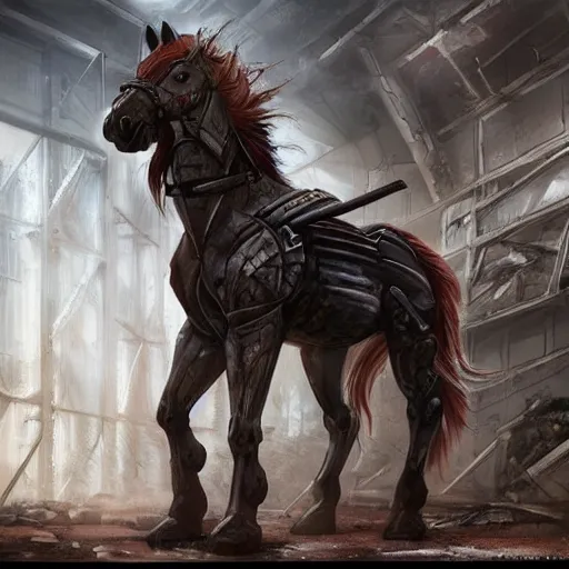 Image similar to a hyper - muscular anthro horse with a magnificently muscular physique wearing tactical gear standing in the ruins of a facility, equine, highly detailed, digital painting, artstation, concept art, magic the gathering, illustration by artgerm, greg rutkowski