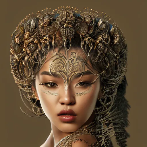 Image similar to Beautiful detailed portrait of an exotic goddess by Nick Silva, Shin JeongHo, Wandah Kurniawan, Symmetrical composition with people centered, realistic proportions, trending on artstation