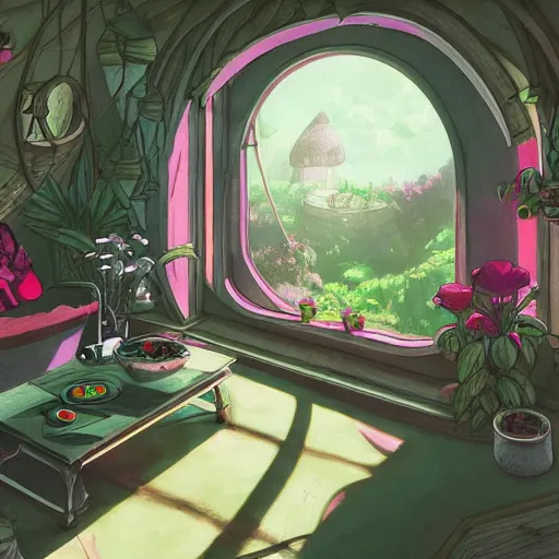 Image similar to concept art painting of a interior of a cozy alien fantasy cottage, circular windows, with black vines and magenta houseplants, realistic, detailed, cel shaded, dark, in the style of makoto shinkai and greg rutkowski and james gurney