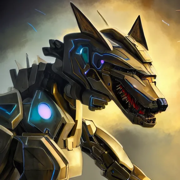 Image similar to hyper realistic, epic, highly detailed cinematic full body shot of a feral mecha canine, sharp claws, sleek armor, glowing visor, destroying city, digital art, furry art, dragon art, zoids art, furaffinity, deviantart, sofurry