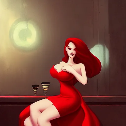 Image similar to beautiful flawless jessica rabbit in her red dress by greg rutkowski and raymond swanland, femme fetal, darkroom, dramatic high contrast lighting like sin city