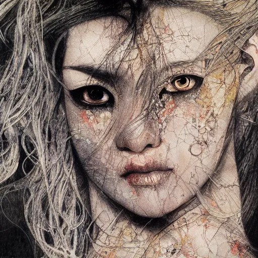Image similar to Yoshitaka Amano realistic illustration of an anime girl with wavy white hair and cracks on her face wearing dress suit, abstract black and white patterns on the background, noisy film grain effect, highly detailed, Renaissance oil painting, weird camera angle