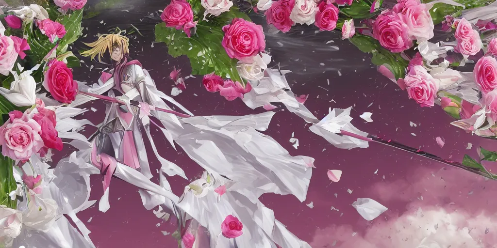 Image similar to floating flying longswords slicing through a bouquet of white and pink roses, flowers exploding and spraying, big puffy clouds, sharp rain, large rose petals, lotus petals, large polygonal background elements, large polygons, dramatic anime, dramatic lighting, artgerm, manga, trending on artstation, art nouveau, mature colors