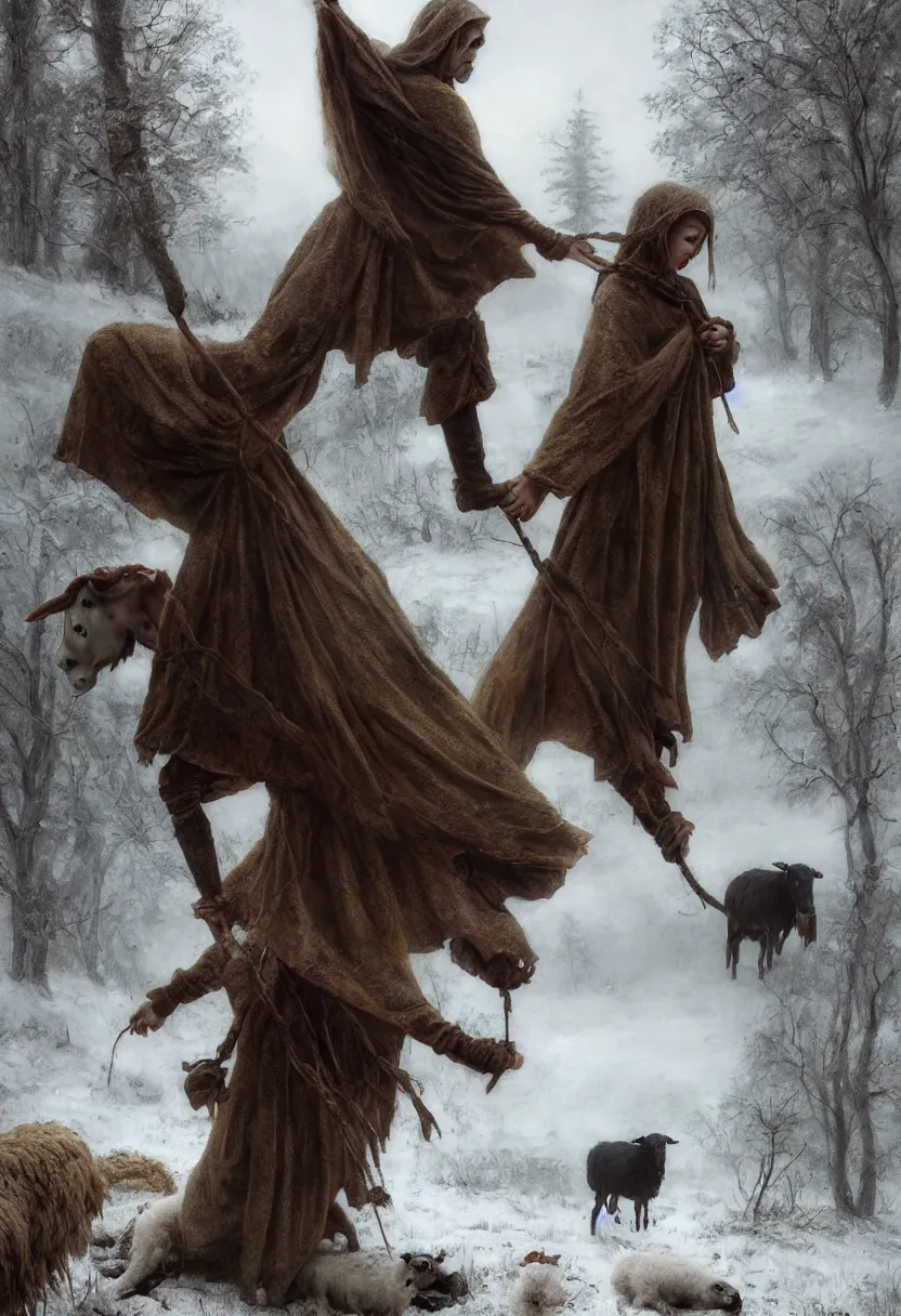 Image similar to spooky slavic pagan ritual with figure in sheep skin chasing away the winter. extremely high fidelity, 8 k, super resolution, cinematic view, super resolution, epic, hyperdetailed, digital painting, artstation, concept art, smooth, sharp focus, octane render, dramatic lighting, art by artgerm and greg rutkowski and alphonse mucha and wlop