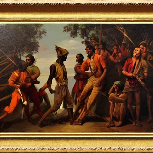 Image similar to Tula, the man leading an indentured slave revolution, Tula the king of indentured slaves freeing everybody, realistic painting, dark background, painting from 1746, high quality.