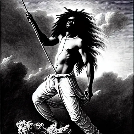 Image similar to cheef keef ascending into heaven holding pounds of weed bags, biblical image, style of gustave dore, highly detailed, beautiful, high contrast, black and white