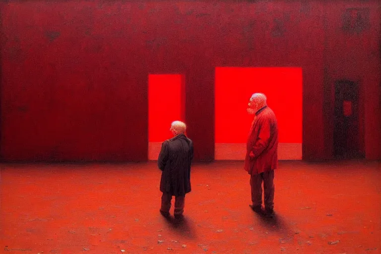 Image similar to only with red, a red old man try to sell a portrait, in a square, crowd cheering, in the style of beksinski, parts by edward hopper, parts by rodcenko, parts by yue minjun, intricate and epic composition, red by caravaggio, insanely quality, highly detailed, masterpiece, red light, artstation, 4 k