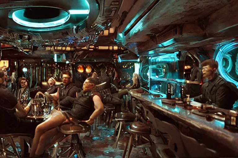 Image similar to sci-fi cinematography of cybernetic space soldiers sitting in an alien bar. By Emmanuel Lubezki