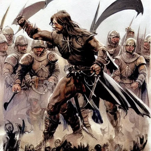 Prompt: beautiful painting in the style of frank frazetta of aragorn standing in front of a army of ghost medieval warriors