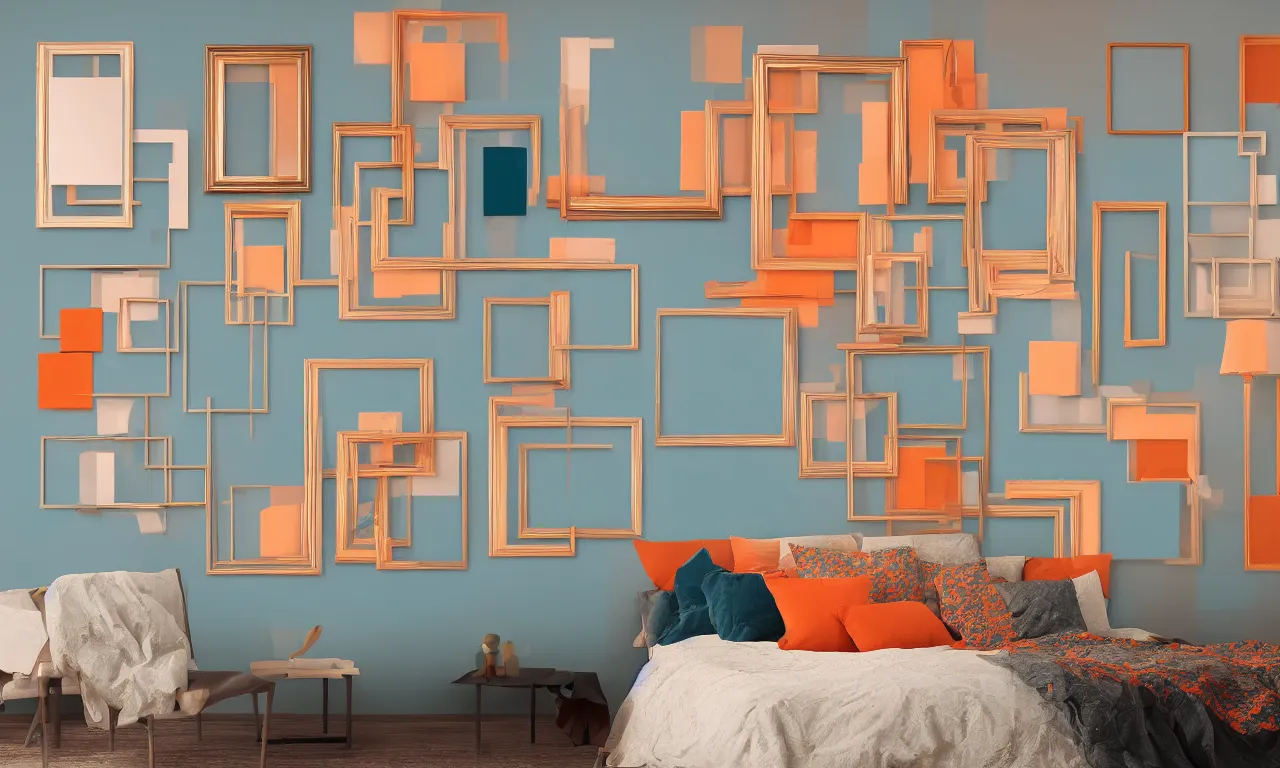 Prompt: 4 painting frames on a room wall, geometric arrangements, night time, illuminated lampstands, beautiful volumetric lighting, smooth, soft teal and orange colors, photorealism