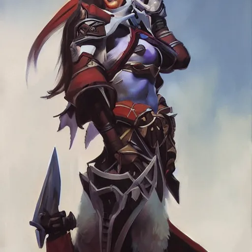 Image similar to greg manchess portrait painting of sylvanas as overwatch character, medium shot, asymmetrical, profile picture, organic painting, sunny day, matte painting, bold shapes, hard edges, street art, trending on artstation, by huang guangjian and gil elvgren and sachin teng