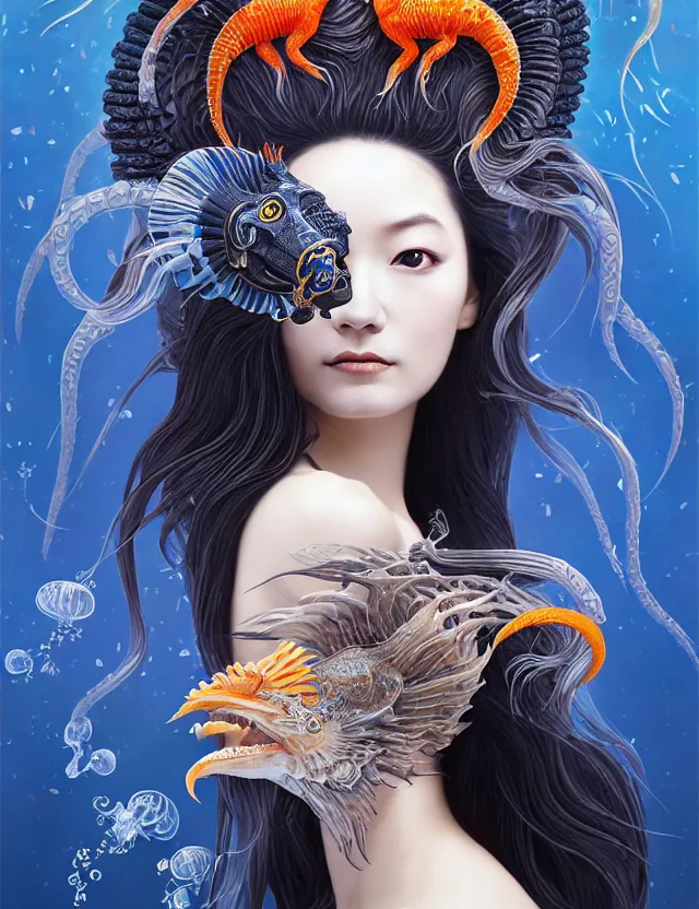 Image similar to 3 d goddess half - turn portrait with long hair with ram skull. beautiful intricately detailed japanese crow kitsune mask and clasical japanese kimono. betta fish, jellyfish phoenix, bio luminescent, plasma, ice, water, wind, creature, artwork by tooth wu and wlop and beeple and greg rutkowski