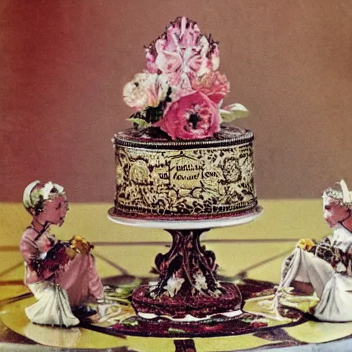 Prompt: photograph of a fancy baroque cake from 1970's cookbook in color