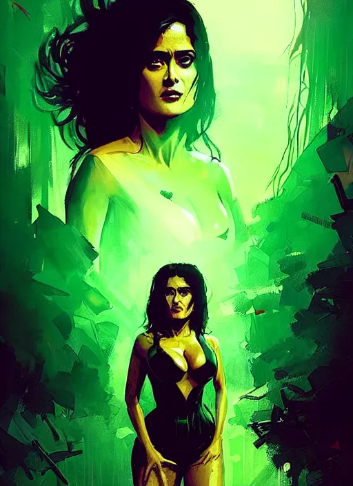 Image similar to salma hayek vampire queen, green peaks in the background, art by ismail inceoglu