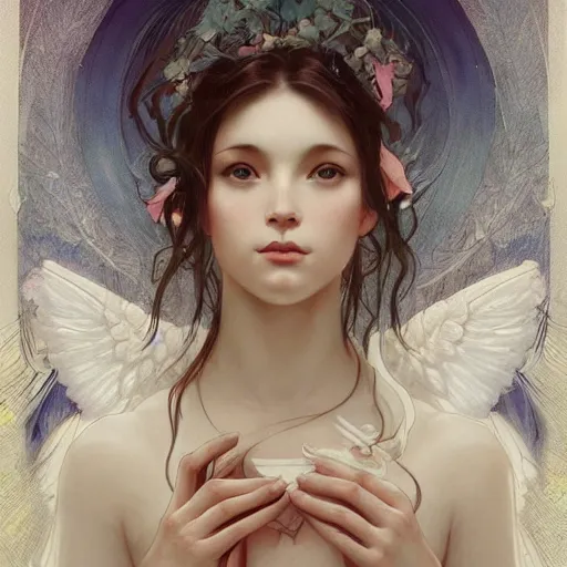 Image similar to a beautiful painting of a beautiful angel by ross tran!! and alphonse mucha and greg rutkowski! and gustav dore! and artgerm!!, in style of digital art illustration. symmetry. highly detailed face. fantasy, smooth, hyper detailed, sharp focus, soft light. trending on artstation. 4 k
