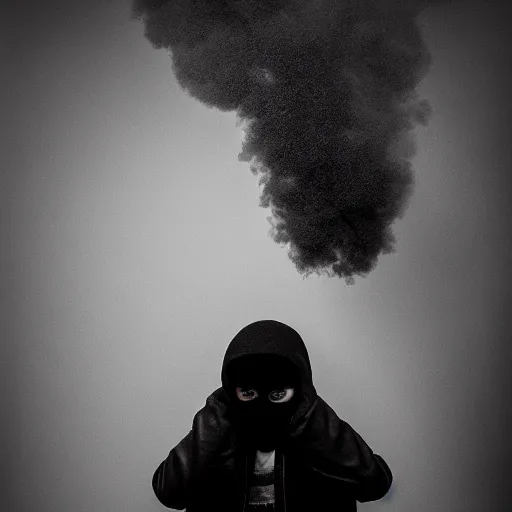 Prompt: an intimate portrait of a teenager wearing a black balaclava in a tear gas cloud, facing camera, emotionnal, smoke, riot, black block, photojournalism, f 2, nikon, studio portrait, bokeh, sharp focus, haze, volumetric lighting, intense, eerie, by annie leibovitz, visa pour l'image, prix nadar