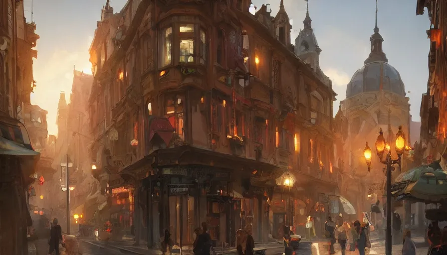 Image similar to Painting with a small european street from from cafe terrace. volumetric lighting, 4k, octane, digital painting, artstation, concept art, sharp focus, illustration, art by artgerm and greg rutkowski and alphonse mucha.