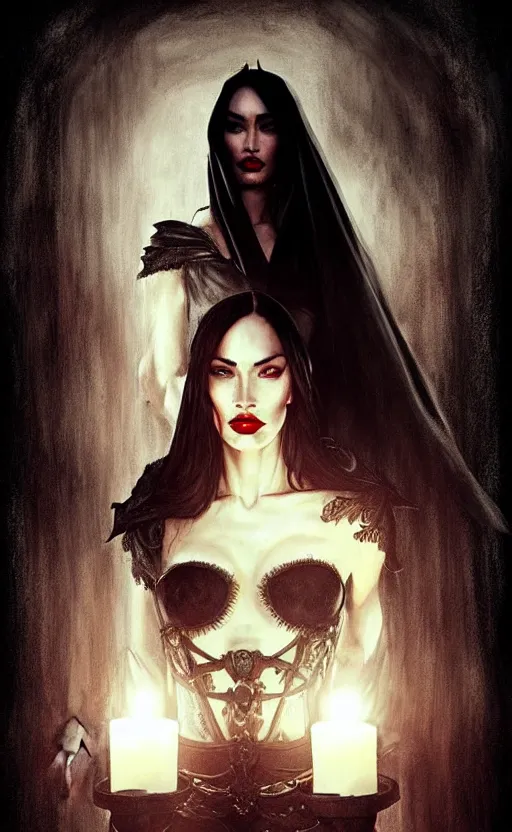 Image similar to megan fox witch queen, black eyes, blood, full body, intricate victorian dress, middle shot, cinematic lighting, symmetrical eyes, caravaggio, rafael albuquerque, charlie bowater, moody lighting, candles