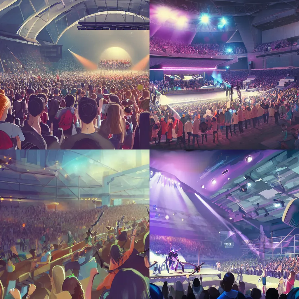 Prompt: a small concert arena concept art with a small excited crowd, digital key art, artstation, valorant, overwatch, open skies,