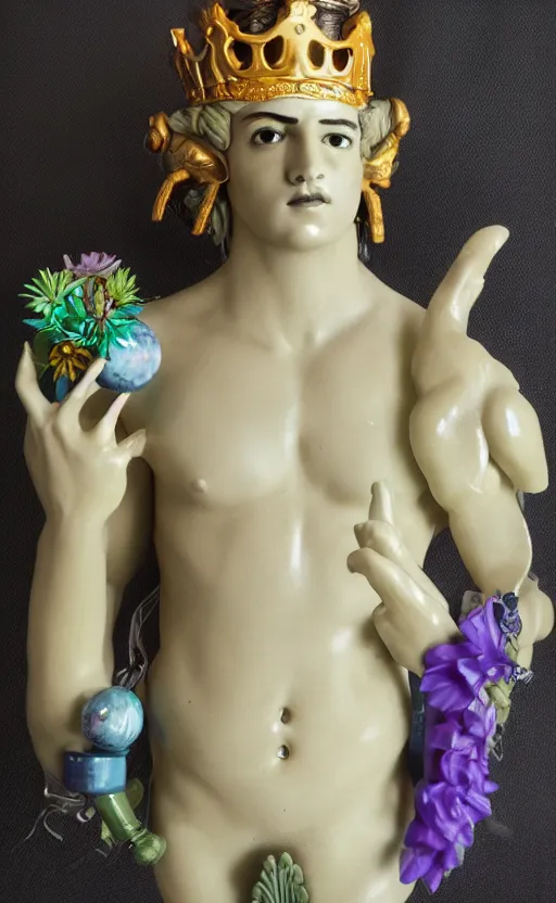 Prompt: a young handsome seductive latino ceramic sculpture of a prince with a head of a CRT monitor and a large glowing violet crystal in the center of his chest, full-body bronze cyberpunk style statue of Andromeda with glowing green laser eyes, crown of mechanical chrysanthemums, flowing aqua silk, fabric, steampunk flowers. baroque elements, human hands. full-length view. baroque element. intricate artwork by caravaggio. many flying horses on background. Trending on artstation, octane render, cinematic lighting from the right, hyper realism, octane render, 8k, depth of field, 3D