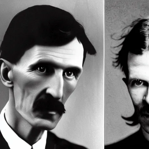 Image similar to Nikola Tesla and Aphex Twin on the moog synthesizer