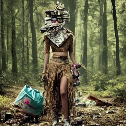 Prompt: a woman with a mask made of garbage and junk in a forest, vogue magazine