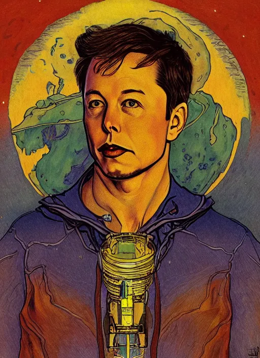 Image similar to ( ( ( portrait of elon musk ) ) ) by ivan bilibin, spacex, mars mission,