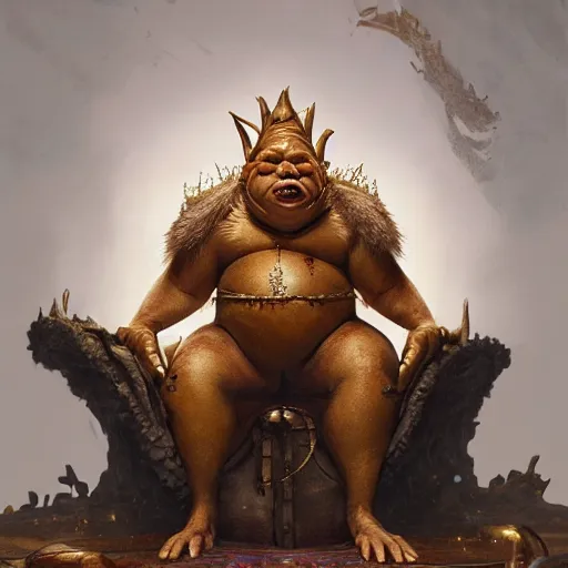 Prompt: a detailed portrait of a fat goblin king sitting on a golden throne, by justin gerard and greg rutkowski, digital art, realistic painting, dnd, character design, 4 k, unreal engine, trending on artstation