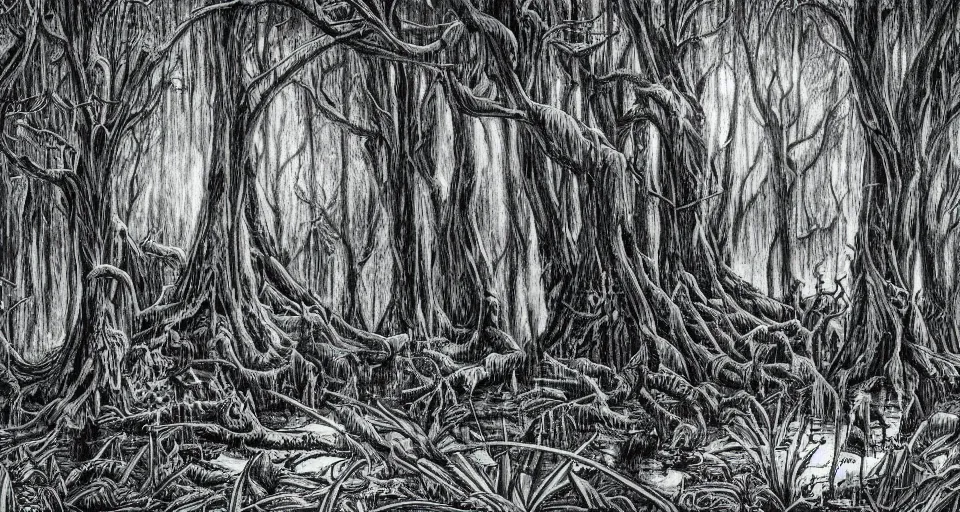 Prompt: A dense and dark enchanted forest with a swamp, by ED roth